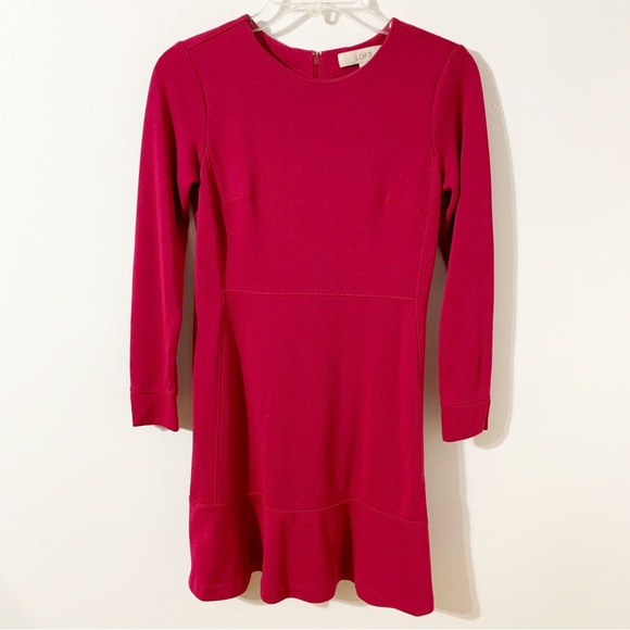 Ann Taylor LOFT Round Neck Jersey Knit Long Sleeve Dress  Ruffled Hem Raspberry - Picture 3 of 10